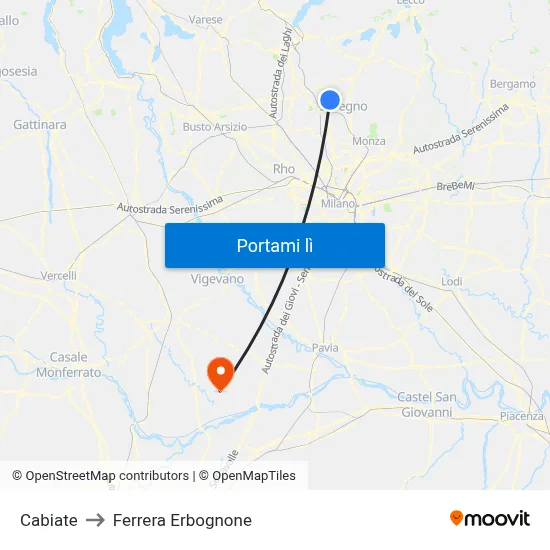 Cabiate to Ferrera Erbognone map