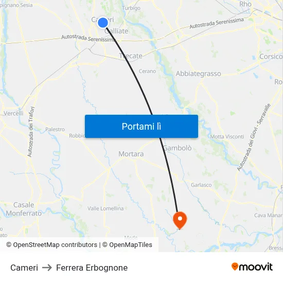 Cameri to Ferrera Erbognone map