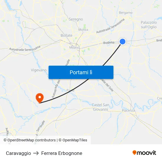Caravaggio to Ferrera Erbognone map