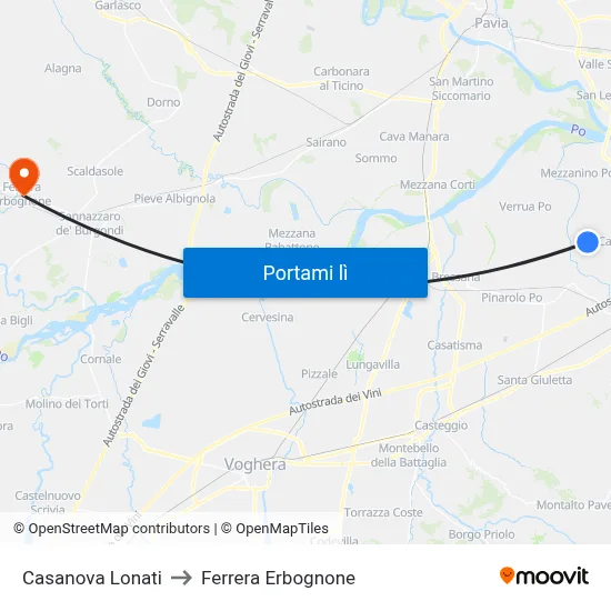 Casanova Lonati to Ferrera Erbognone map
