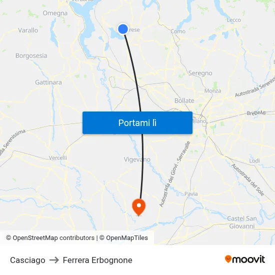 Casciago to Ferrera Erbognone map