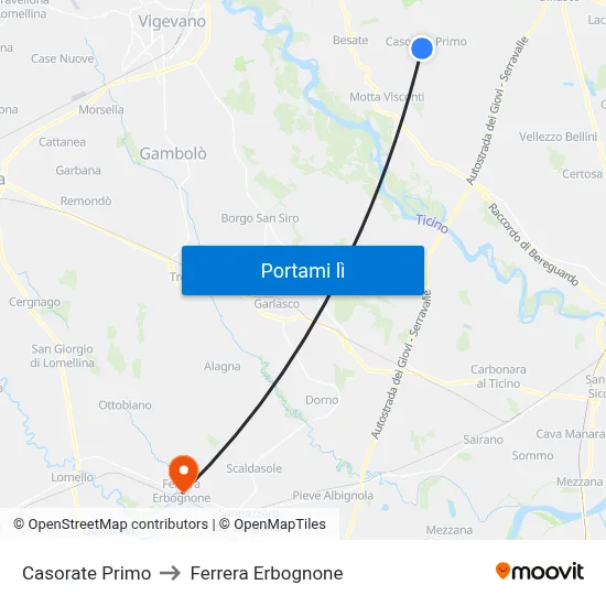 Casorate Primo to Ferrera Erbognone map