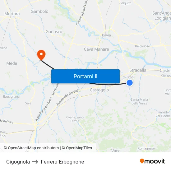 Cigognola to Ferrera Erbognone map
