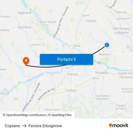 Copiano to Ferrera Erbognone map