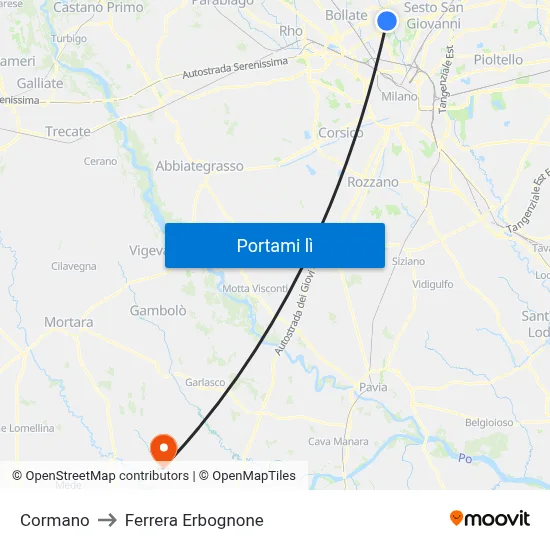 Cormano to Ferrera Erbognone map