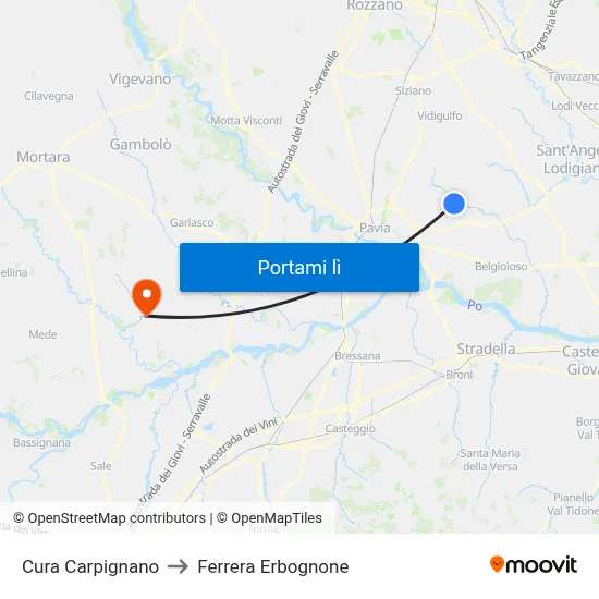 Cura Carpignano to Ferrera Erbognone map