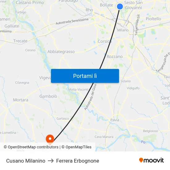Cusano Milanino to Ferrera Erbognone map