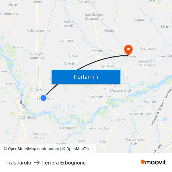 Frascarolo to Ferrera Erbognone map