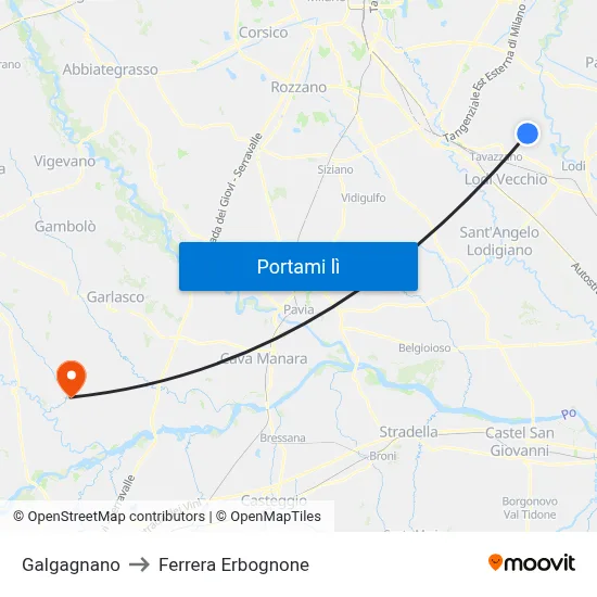 Galgagnano to Ferrera Erbognone map