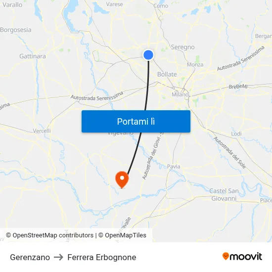 Gerenzano to Ferrera Erbognone map