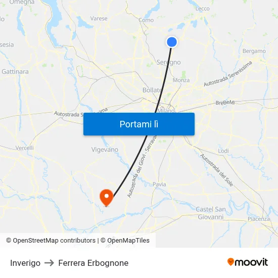 Inverigo to Ferrera Erbognone map