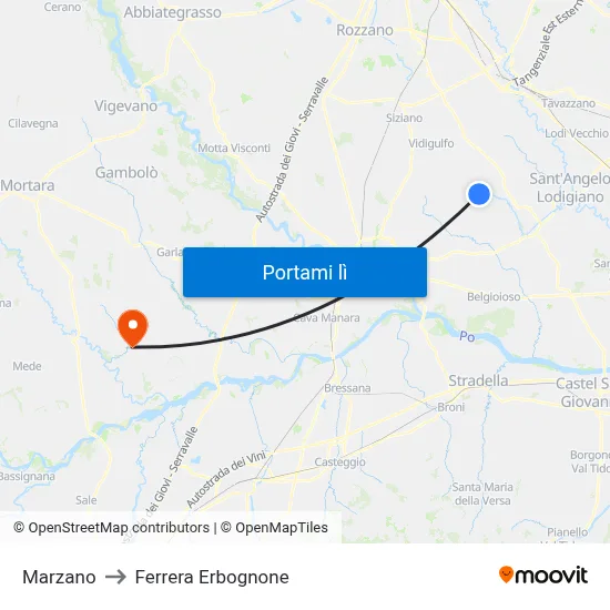 Marzano to Ferrera Erbognone map