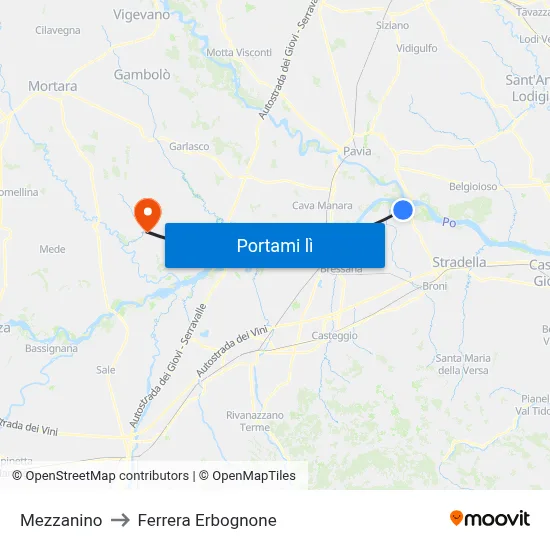 Mezzanino to Ferrera Erbognone map