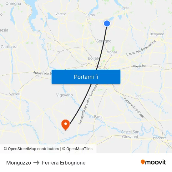 Monguzzo to Ferrera Erbognone map