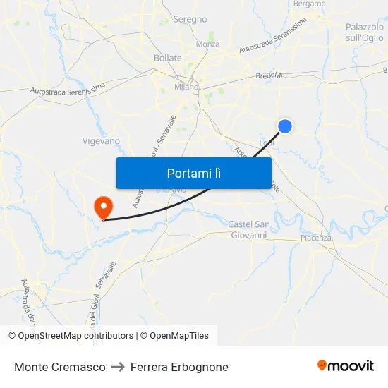 Monte Cremasco to Ferrera Erbognone map