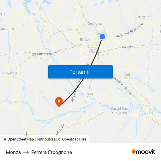 Monza to Ferrera Erbognone map