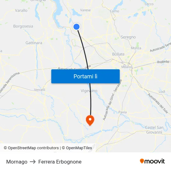 Mornago to Ferrera Erbognone map