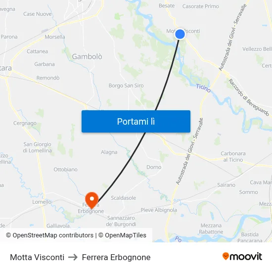 Motta Visconti to Ferrera Erbognone map