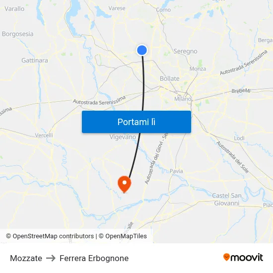 Mozzate to Ferrera Erbognone map