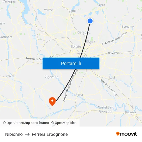 Nibionno to Ferrera Erbognone map