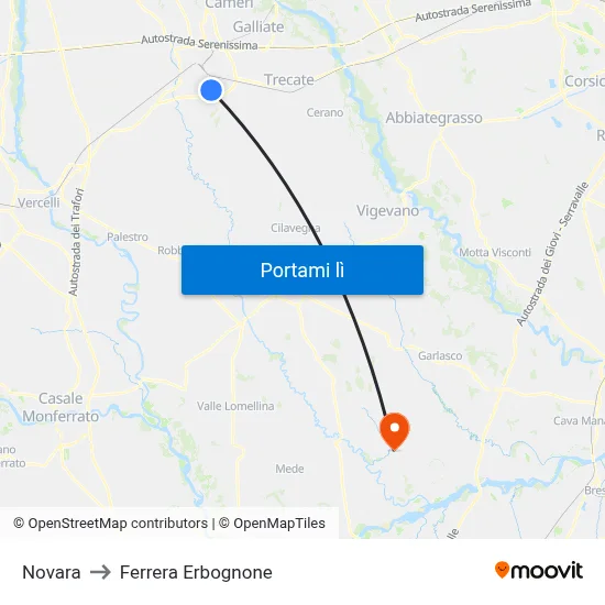 Novara to Ferrera Erbognone map