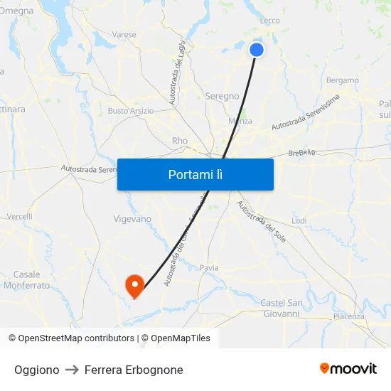 Oggiono to Ferrera Erbognone map