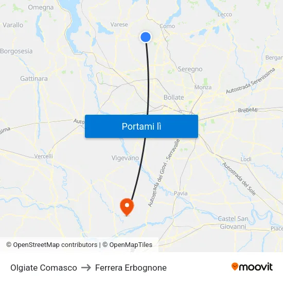 Olgiate Comasco to Ferrera Erbognone map