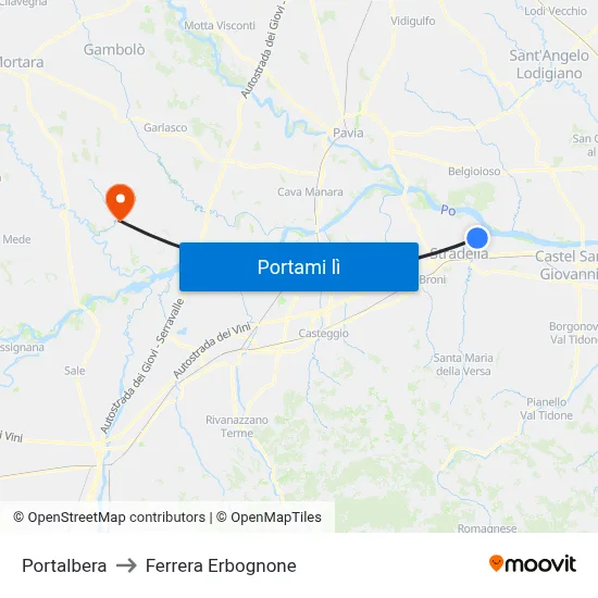 Portalbera to Ferrera Erbognone map