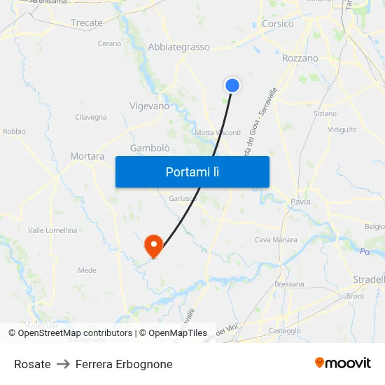Rosate to Ferrera Erbognone map
