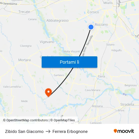 Zibido San Giacomo to Ferrera Erbognone map