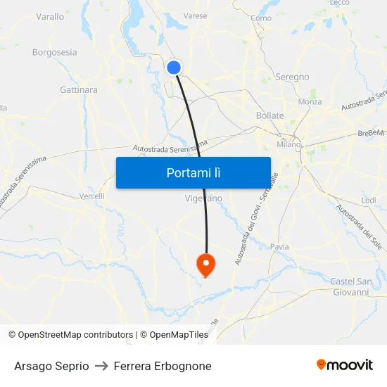 Arsago Seprio to Ferrera Erbognone map