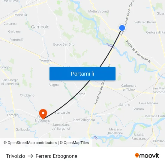 Trivolzio to Ferrera Erbognone map