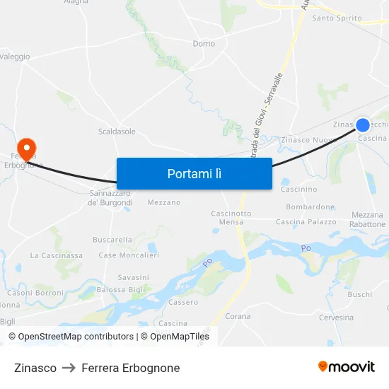 Zinasco to Ferrera Erbognone map