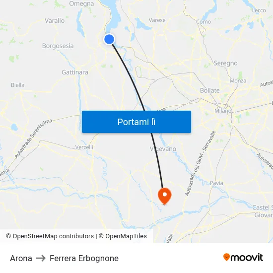 Arona to Ferrera Erbognone map
