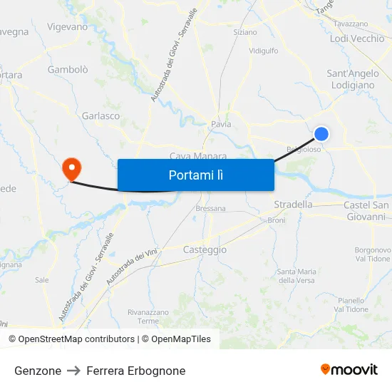 Genzone to Ferrera Erbognone map