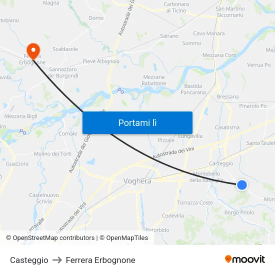 Casteggio to Ferrera Erbognone map