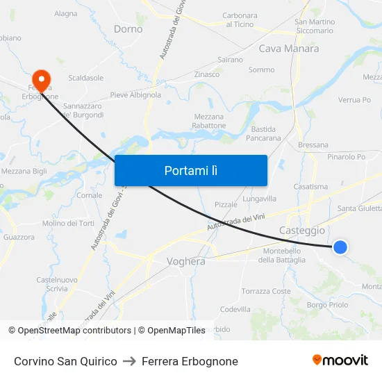 Corvino San Quirico to Ferrera Erbognone map