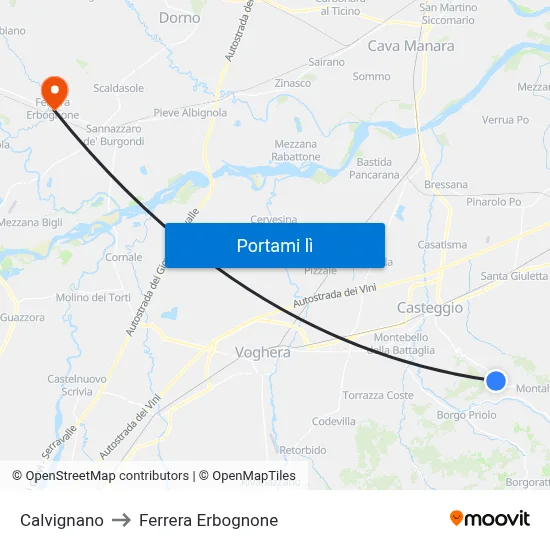 Calvignano to Ferrera Erbognone map