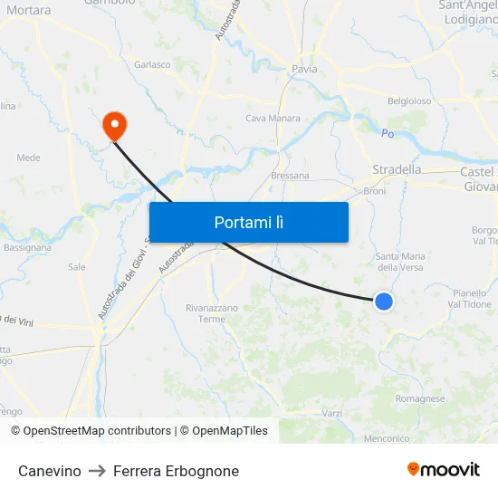 Canevino to Ferrera Erbognone map