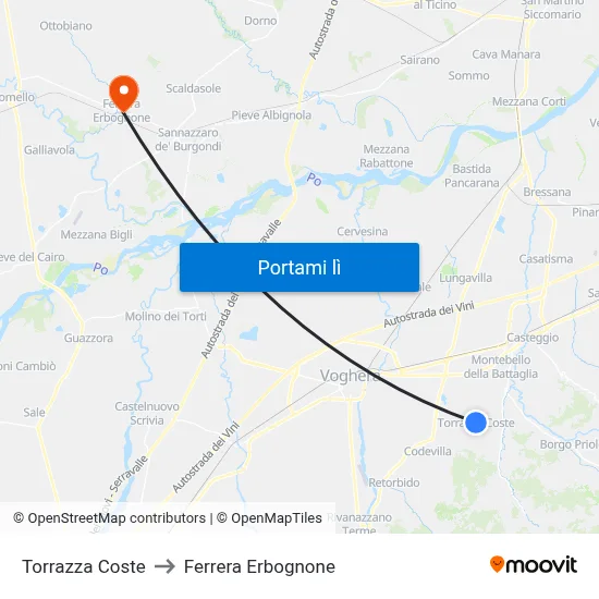 Torrazza Coste to Ferrera Erbognone map