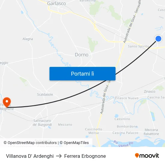 Villanova D' Ardenghi to Ferrera Erbognone map