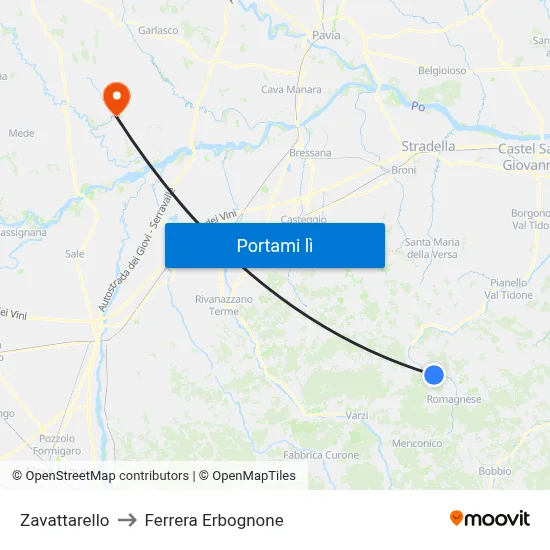 Zavattarello to Ferrera Erbognone map