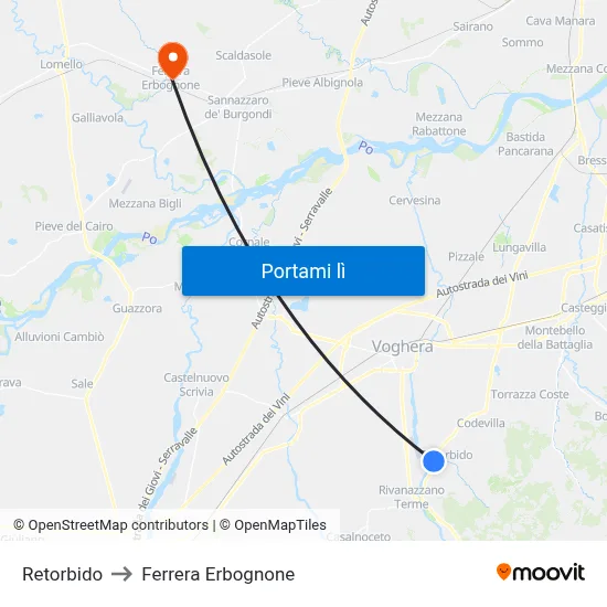 Retorbido to Ferrera Erbognone map