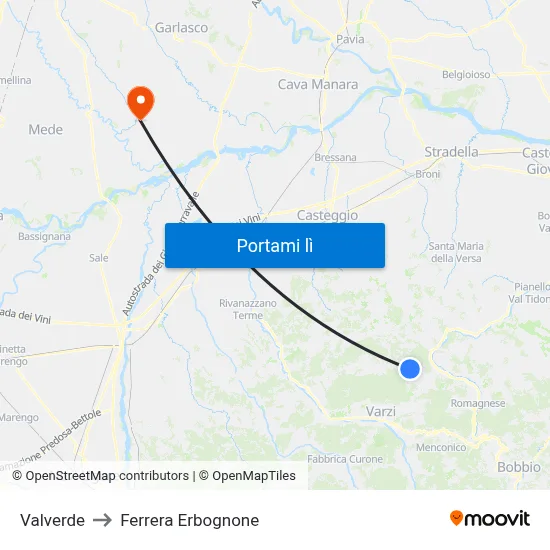 Valverde to Ferrera Erbognone map