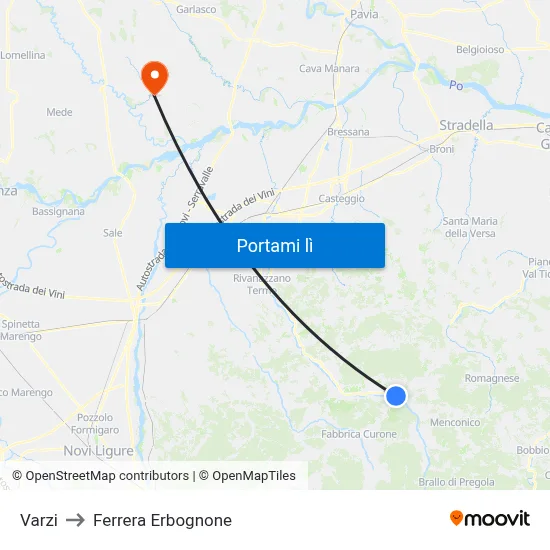 Varzi to Ferrera Erbognone map