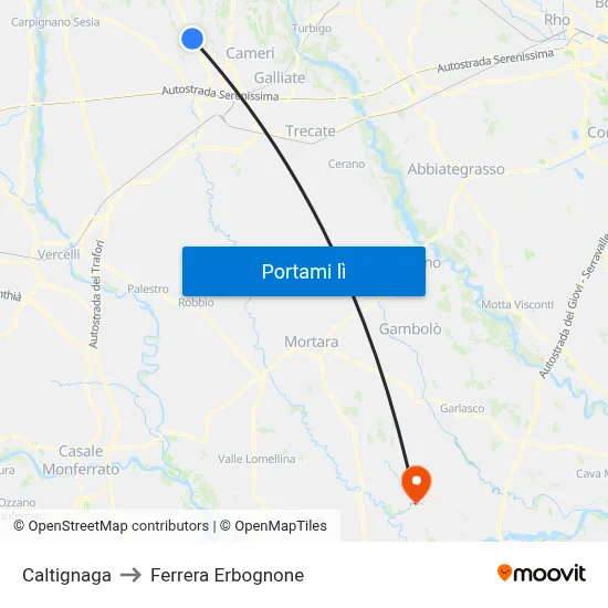 Caltignaga to Ferrera Erbognone map