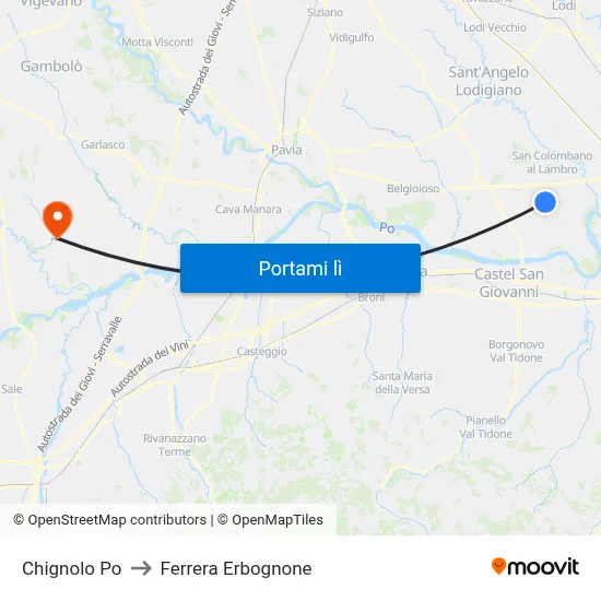 Chignolo Po to Ferrera Erbognone map