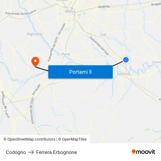 Codogno to Ferrera Erbognone map