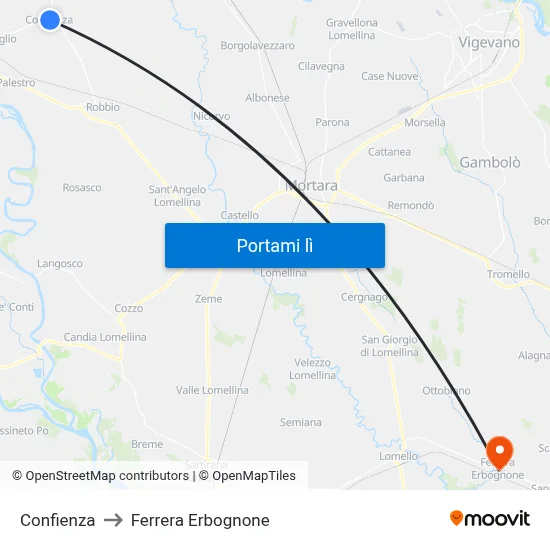Confienza to Ferrera Erbognone map