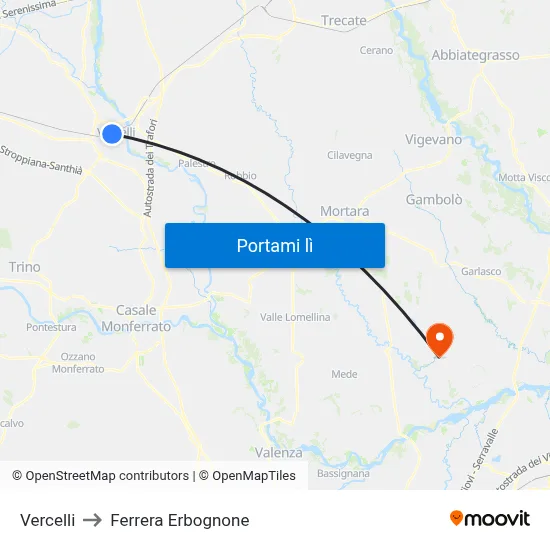 Vercelli to Ferrera Erbognone map